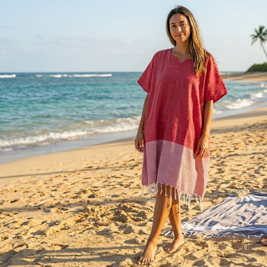 Ocean Breeze Cover-Ups Honeycomb Poncho Red