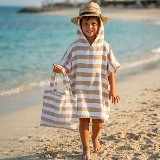Kids Ocean Breeze Cover-Ups  Poncho Beige White + Beach Bag