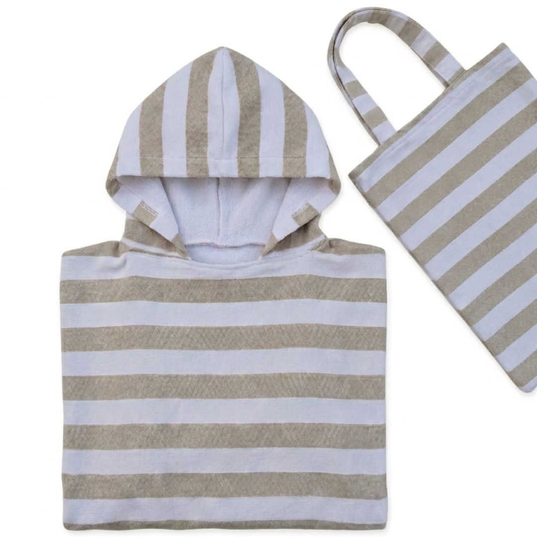 Kids Ocean Breeze Cover-Ups  Poncho Beige White + Beach Bag