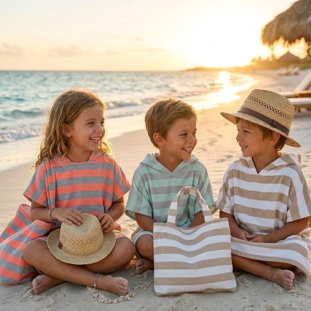 Kids Ocean Breeze Cover-Ups  Poncho Grey Orange + Beach Bag